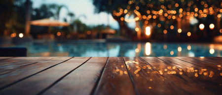 Wooden table pool bokeh background, empty wood desk product display mockup with blurry tropical hotel resort abstract poolside summer travel backdrop advertising presentation. Mock up, copy space.の素材