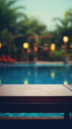 Wooden table pool bokeh background, empty wood desk product display mockup with blurry tropical hotel resort abstract poolside summer travel backdrop advertising presentation. Mock up, copy space.の素材