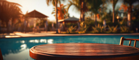 Wooden table pool bokeh background, empty wood desk product display mockup with blurry tropical hotel resort abstract poolside summer travel backdrop advertising presentation. Mock up, copy space.の素材