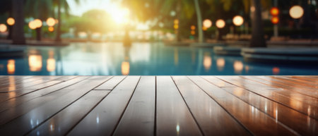 Wooden table pool bokeh background, empty wood desk product display mockup with blurry tropical hotel resort abstract poolside summer travel backdrop advertising presentation. Mock up, copy space.の素材