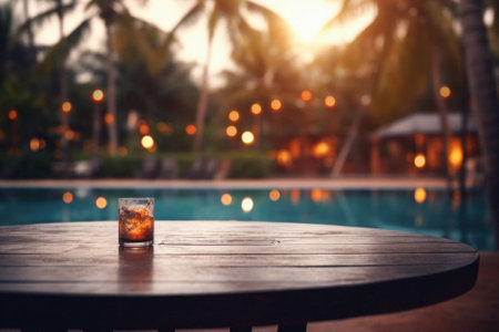 Wooden table pool bokeh background, empty wood desk product display mockup with blurry tropical hotel resort abstract poolside summer travel backdrop advertising presentation. Mock up, copy space.の素材