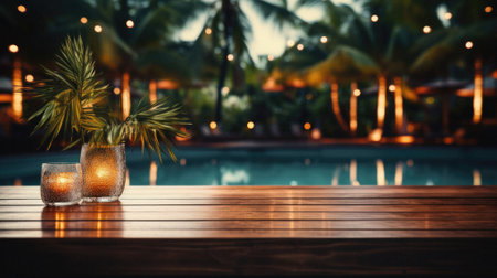 Wooden table pool bokeh background, empty wood desk product display mockup with blurry tropical hotel resort abstract poolside summer travel backdrop advertising presentation. Mock up, copy space.の素材