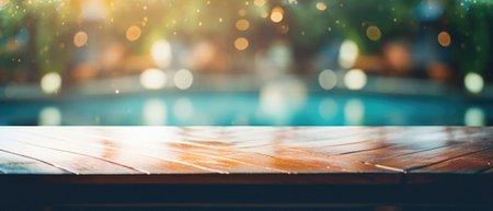 Wooden table pool bokeh background, empty wood desk product display mockup with blurry tropical hotel resort abstract poolside summer travel backdrop advertising presentation. Mock up, copy space.の素材