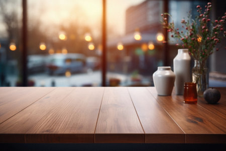 Photo for Wooden home table bokeh background, empty wood desk cafe tabletop surface product display mockup with blurry living room or city abstract backdrop advertising presentation. Mock up, copy space. - Royalty Free Image