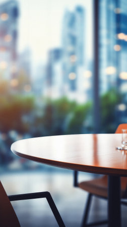 Wooden table corporate office bokeh background, empty wood desk surface product display mockup with blurry abstract business city view work backdrop advertising presentation. Mock up, copy space.の素材