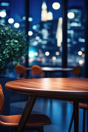 Wooden table bokeh city view background, empty wood desk tabletop counter surface product display mockup with blurry cityscape lights abstract backdrop presentation. Mock up, copy space.