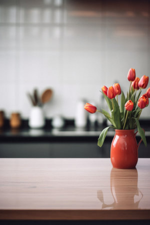 Wooden kitchen home table bokeh background, empty wood desk tabletop food counter surface product display mockup with blurry cafe abstract backdrop advertising presentation. Mock up, copy space.の素材