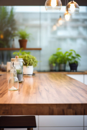 Wooden kitchen home table bokeh background, empty wood desk tabletop food counter surface product display mockup with blurry cafe abstract backdrop advertising presentation. Mock up, copy space.の素材