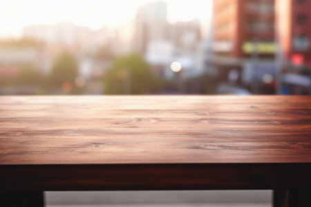 Wooden table bokeh city view background, empty wood desk tabletop counter surface product display mockup with blurry cityscape lights abstract backdrop presentation. Mock up, copy space.の素材