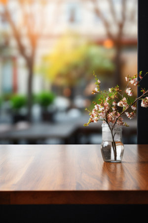 Wooden table bokeh city view background, empty wood desk tabletop counter surface product display mockup with blurry cityscape lights abstract backdrop presentation. Mock up, copy space.の素材