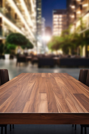 Wooden table bokeh city view background, empty wood desk tabletop counter surface product display mockup with blurry cityscape lights abstract backdrop presentation. Mock up, copy space.の素材