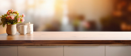 Wooden kitchen home table bokeh background, empty wood desk tabletop food counter surface product display mockup with blurry cafe abstract backdrop advertising presentation. Mock up, copy space.の素材