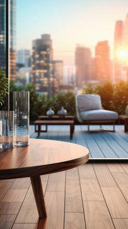 Wooden home table bokeh background, empty wood desk cafe tabletop surface product display mockup with blurry living room or city abstract backdrop advertising presentation. Mock up, copy space.の素材