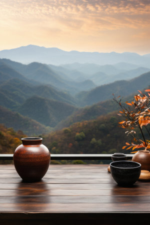 Wooden table mountains bokeh background, empty wood desk surface product display mockup with blurry nature hills landscape abstract travel backdrop advertising presentation. Mock up, copy space.の素材