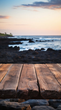 Wooden table ocean bokeh background, empty wood desk surface product display mockup with blurry sea water sunny beach abstract summer travel backdrop advertising presentation. Mock up, copy space.の素材