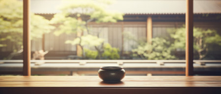 Wooden table spa bokeh background, empty wood desk product display mockup with relaxing wellness massage salon blurry abstract backdrop, body care cosmetic ads presentation. Mock up, copy space.の素材