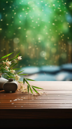 Wooden table spa bokeh background, empty wood desk product display mockup with relaxing wellness massage salon blurry abstract backdrop, body care cosmetic ads presentation. Mock up, copy space.の素材