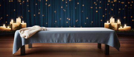 Wooden table spa bokeh background, empty wood desk product display mockup with relaxing wellness massage salon blurry abstract backdrop, body care cosmetic ads presentation. Mock up, copy space.の素材