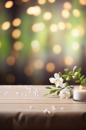 Wooden table spa bokeh background, empty wood desk product display mockup with relaxing wellness massage salon blurry abstract backdrop, body care cosmetic ads presentation. Mock up, copy space.の素材