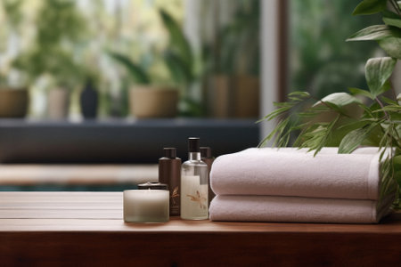 Wooden table spa bokeh background, empty wood desk product display mockup with relaxing wellness massage salon blurry abstract backdrop, body care cosmetic ads presentation. Mock up, copy space.の素材