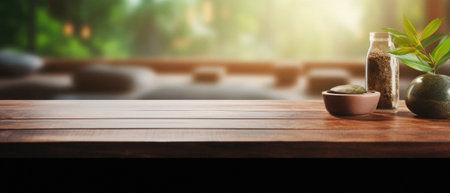 Wooden home table bokeh background, empty wood desk cafe tabletop surface product display mockup with blurry living room or city abstract backdrop advertising presentation. Mock up, copy space.の素材