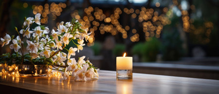 Wooden table spa bokeh background, empty wood desk product display mockup with relaxing wellness massage salon blurry abstract backdrop, body care cosmetic ads presentation. Mock up, copy space.の素材
