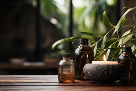 Wooden table spa bokeh background, empty wood desk product display mockup with relaxing wellness massage salon blurry abstract backdrop, body care cosmetic ads presentation. Mock up, copy space.の素材