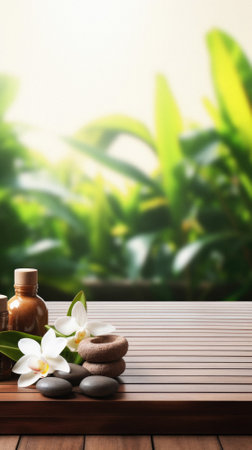 Wooden table spa bokeh background, empty wood desk product display mockup with relaxing wellness massage salon blurry abstract backdrop, body care cosmetic ads presentation. Mock up, copy space.の素材