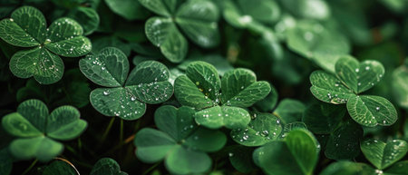 Green four leaf clover, rare fourleaf nature spring leaves floral background with water drops, good luck shamrock and lucky charm fortune, prosperity concept, Saint Patricks Day symbol.の素材