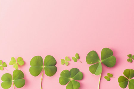 Green four leaf clover on table, rare fourleaf nature spring leaves floral natural grass plant background, good luck shamrock and lucky charm fortune concept, Saint Patricks Day symbol.の素材