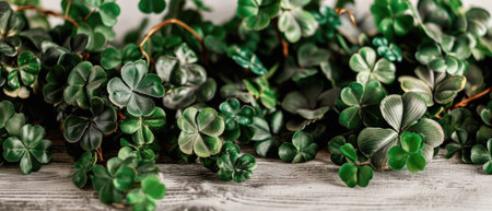 Green four leaf clover on table, rare fourleaf nature spring leaves floral natural grass plant background, good luck shamrock and lucky charm fortune concept, Saint Patricks Day symbol.の素材