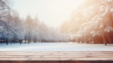 Wooden table snowy trees winter nature bokeh background, empty wood desk product display mockup snow landscape blurry abstract backdrop ads showcase Christmas time presentation. Mock up, copy space.の素材