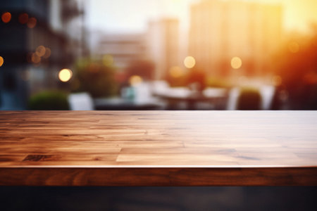 Wooden table bokeh city view background, empty wood desk tabletop counter surface product display mockup with blurry cityscape lights abstract backdrop presentation. Mock up, copy space.の素材