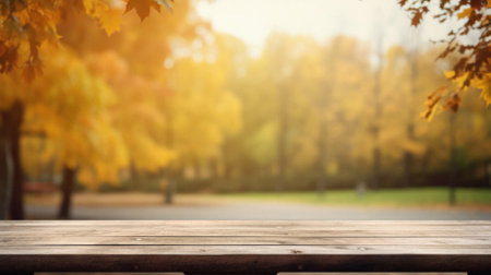 Empty blank wooden table fall background with autumn trees orange yellow color leaves backdrop forest or park nature scene abstract blurred bokeh tabletop for product display desk mockup. Copy space.の素材