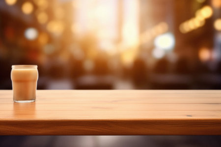 Wooden cafe table bokeh background, empty wood desk restaurant tabletop counter in bar or coffee shop surface product display mockup with blurry city lights backdrop presentation. Mock up, copy space.の素材