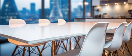 Wooden table corporate office bokeh background, empty wood desk surface product display mockup with blurry abstract business city view work backdrop advertising presentation. Mock up, copy space.の素材