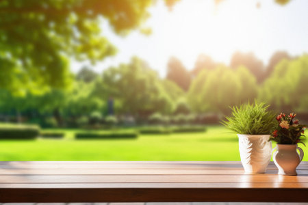 Wooden table spring nature bokeh background, empty wood desk product display mockup with green park sunny blurry abstract garden backdrop landscape ads showcase presentation. Mock up, copy space.の素材