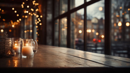 Wooden cafe table bokeh background, empty wood desk restaurant tabletop counter in bar or coffee shop surface product display mockup with blurry city lights backdrop presentation. Mock up, copy space.の素材