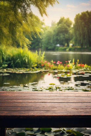 Wooden table spring nature bokeh background, empty wood desk product display mockup with green park sunny blurry abstract garden backdrop landscape ads showcase presentation. Mock up, copy space.の素材
