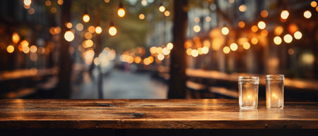 Wooden cafe table bokeh background, empty wood desk restaurant tabletop counter in bar or coffee shop surface product display mockup with blurry city lights backdrop presentation. Mock up, copy space.の素材