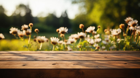 Wooden table spring nature bokeh background, empty wood desk product display mockup with green park sunny blurry abstract garden backdrop landscape ads showcase presentation. Mock up, copy space.の素材