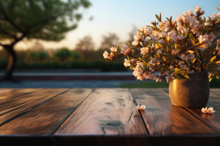 Wooden table spring nature bokeh background, empty wood desk product display mockup with green park sunny blurry abstract garden backdrop landscape ads showcase presentation. Mock up, copy space.の素材