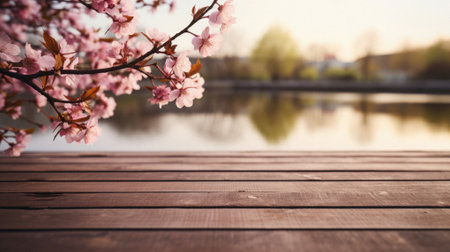 Wooden table spring nature bokeh background, empty wood desk product display mockup with green park sunny blurry abstract garden backdrop landscape ads showcase presentation. Mock up, copy space.の素材