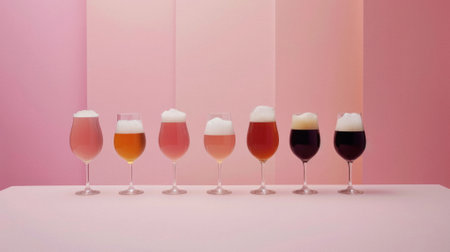 Glass pint of cold draft light lager or dark ale brewed beer with foam on table background. Brewery or pub bar advertising. Oktoberfest festival alcohol beverage or Saint Patricks day drink concept.の素材