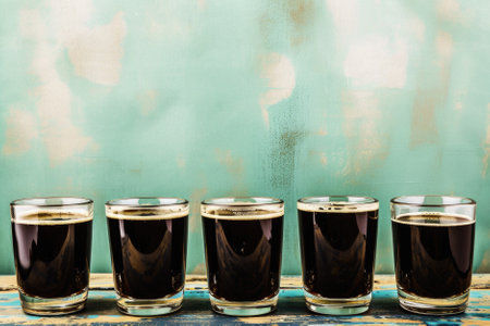 Glass pint of cold draft light lager or dark ale brewed beer with foam on table background. Brewery or pub bar advertising. Oktoberfest festival alcohol beverage or Saint Patricks day drink concept.の素材