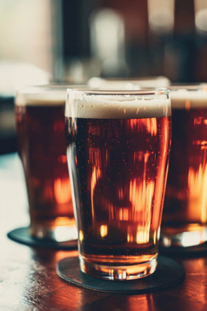Glass pint of cold draft light lager or dark ale brewed beer with foam on table background. Brewery or pub bar advertising. Oktoberfest festival alcohol beverage or Saint Patricks day drink concept.の素材