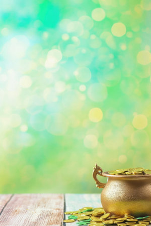 Saint Patricks Day pot with gold coins and four leaf clovers money rich leprechaun treasure on table, irish holiday traditional lucky symbol green golden background. Happy St Patrick's Day concept.の素材
