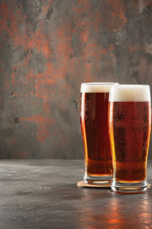 Glass pint of cold draft light lager or dark ale brewed beer with foam on table background. Brewery or pub bar advertising. Oktoberfest festival alcohol beverage or Saint Patricks day drink concept.の素材