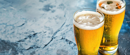 Glass pint of cold draft light lager or dark ale brewed beer with foam on table background. Brewery or pub bar advertising. Oktoberfest festival alcohol beverage or Saint Patricks day drink concept.の素材