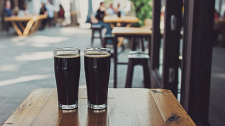 Glass pint of cold draft light lager or dark ale brewed beer with foam on table background. Brewery or pub bar advertising. Oktoberfest festival alcohol beverage or Saint Patricks day drink concept.の素材